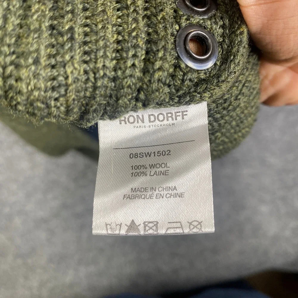 Ron Dorff Mens 100% Wool Ribbed Military Sweater Olive Green Patches L 08SW1502
